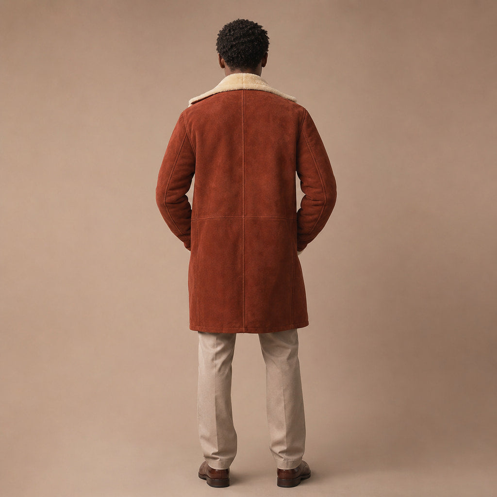 Prestige Rust Brown Shearling Suede Leather Coat Brown – Full Look