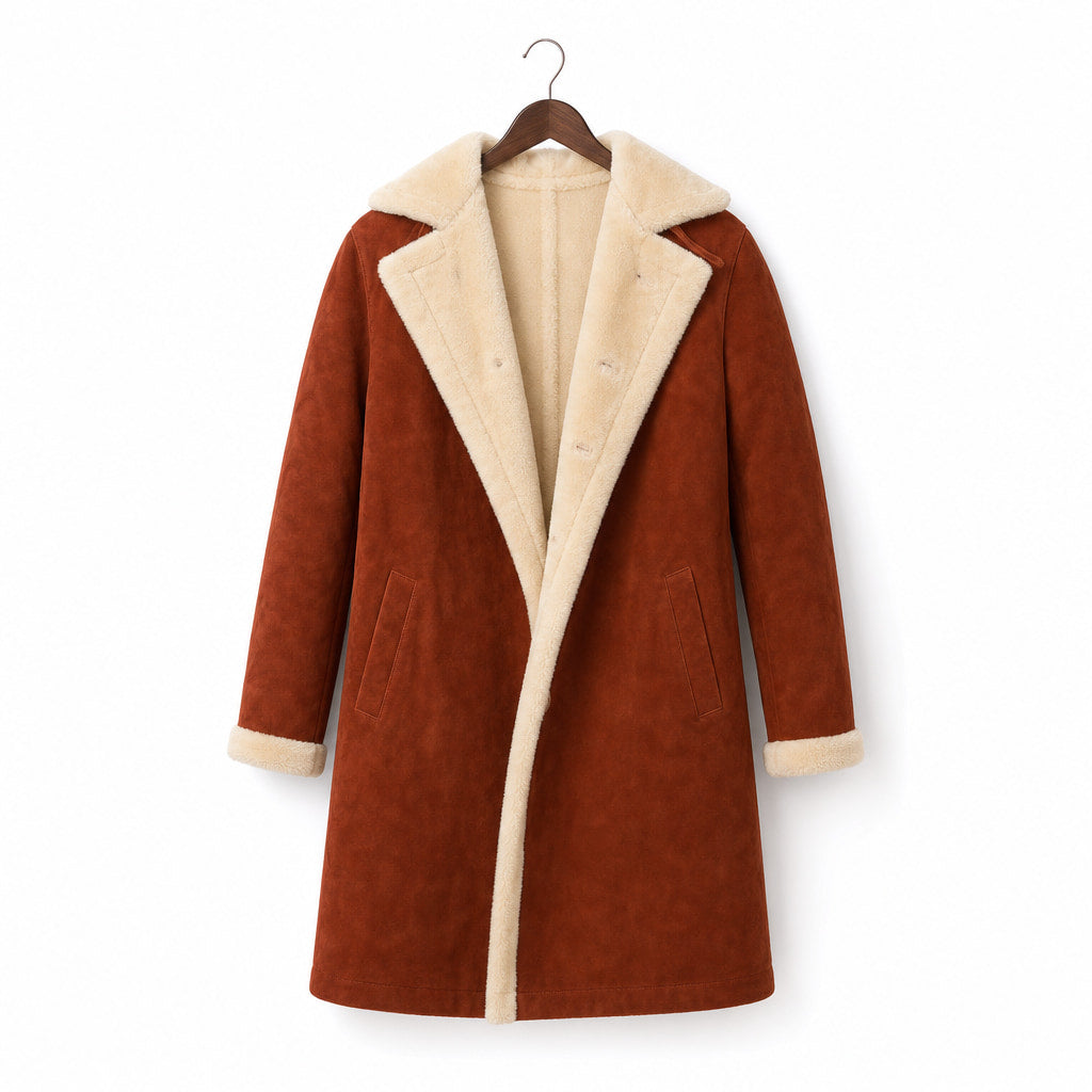 Prestige Rust Brown Shearling Suede Leather Coat Brown – Product Photo