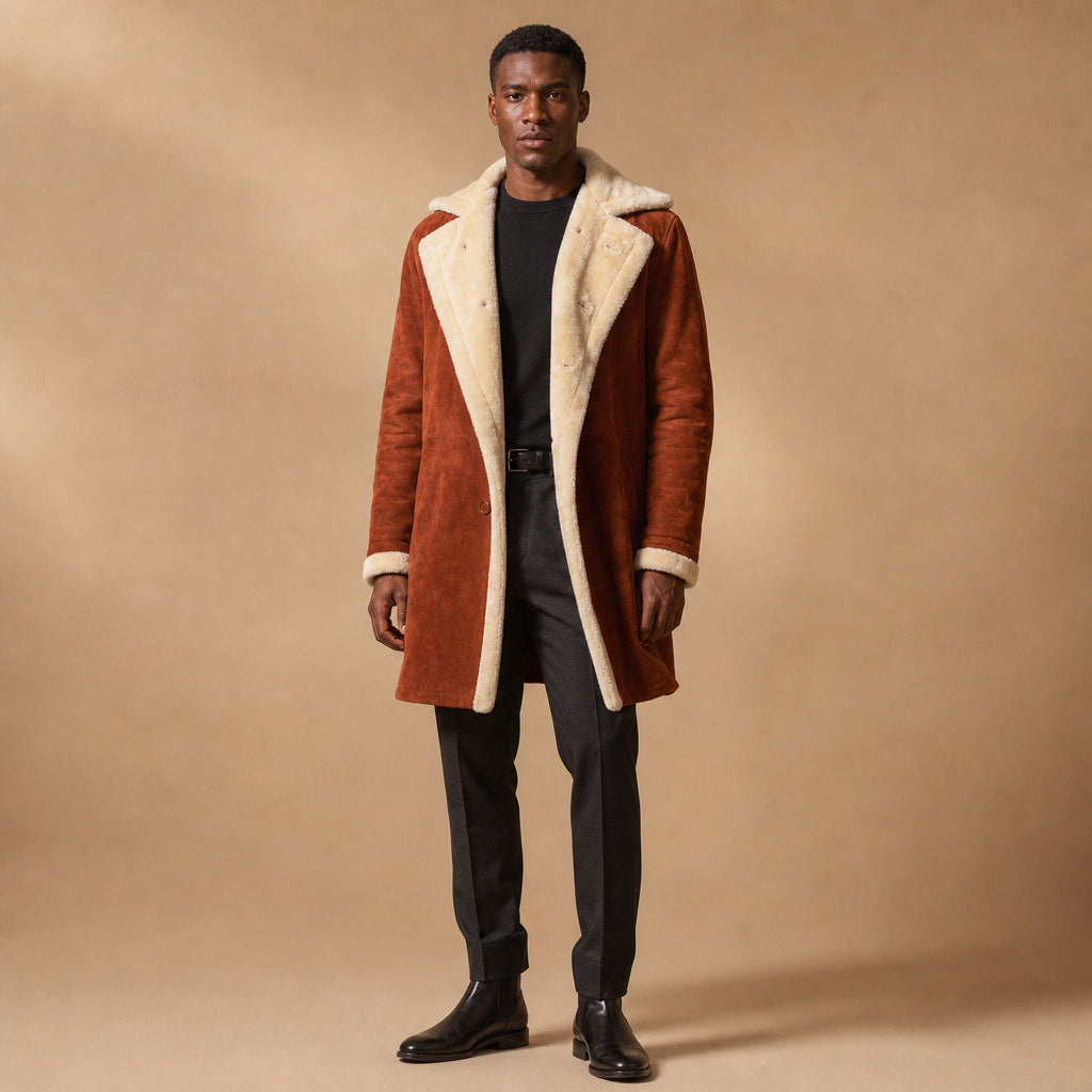 Prestige Rust Brown Shearling Suede Leather Coat in Brown – Tarlano Premium Menswear