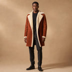 Prestige Rust Brown Shearling Suede Leather Coat in Brown – Tarlano Premium Menswear