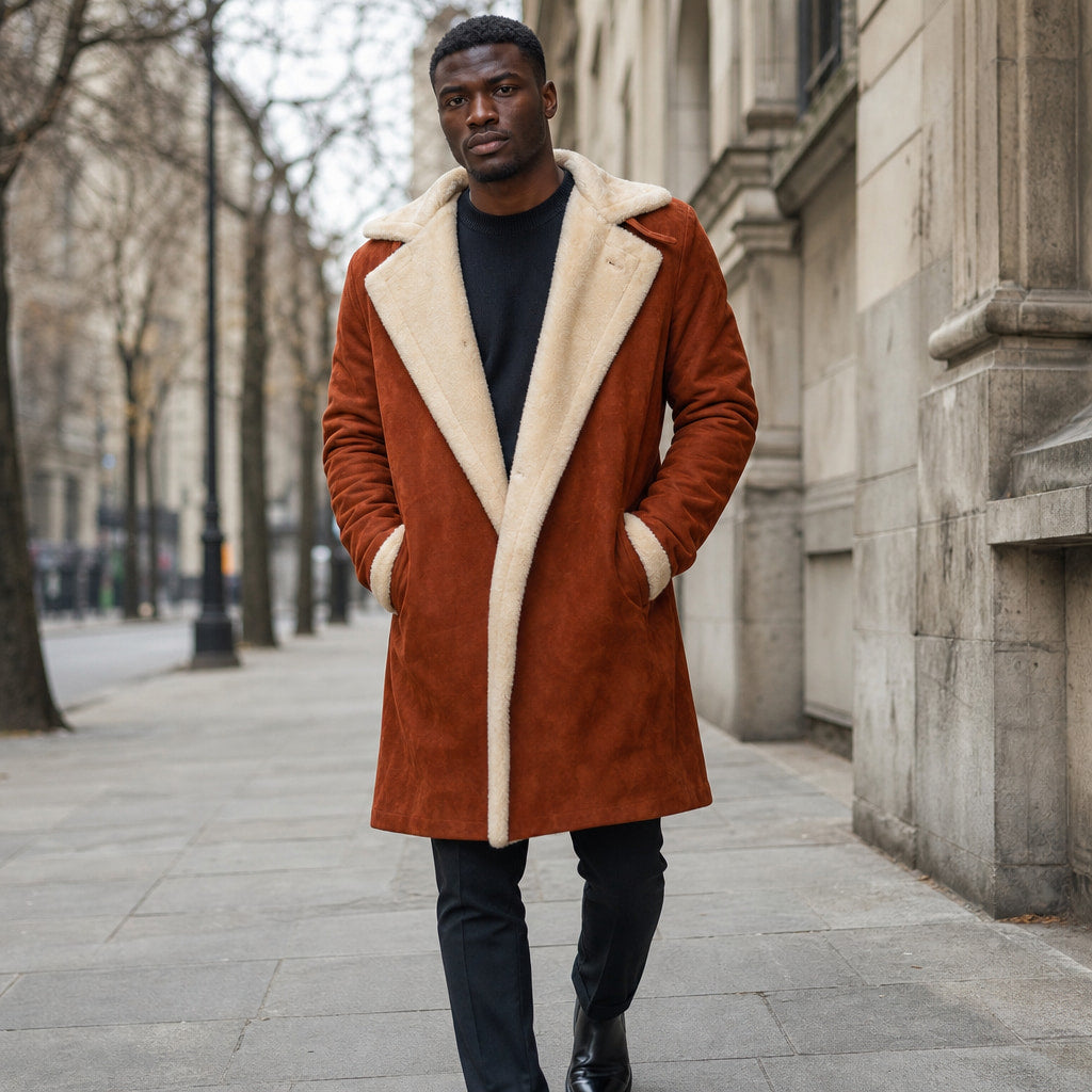 Prestige Rust Brown Shearling Suede Leather Coat Brown – Styled Editorial Shot