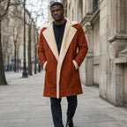 Prestige Rust Brown Shearling Suede Leather Coat Brown – Styled Editorial Shot