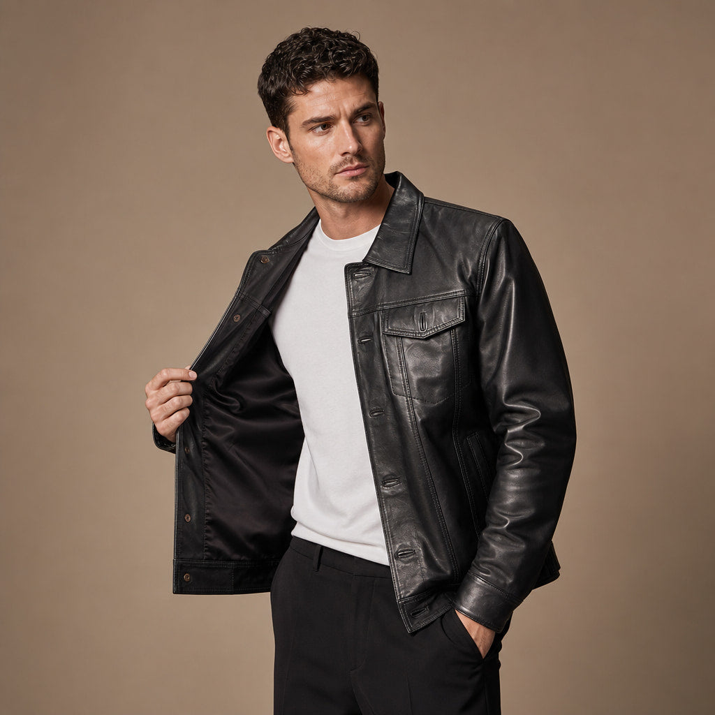 Prime Black Leather Trucker Jacket For Men Black – Side Angle View
