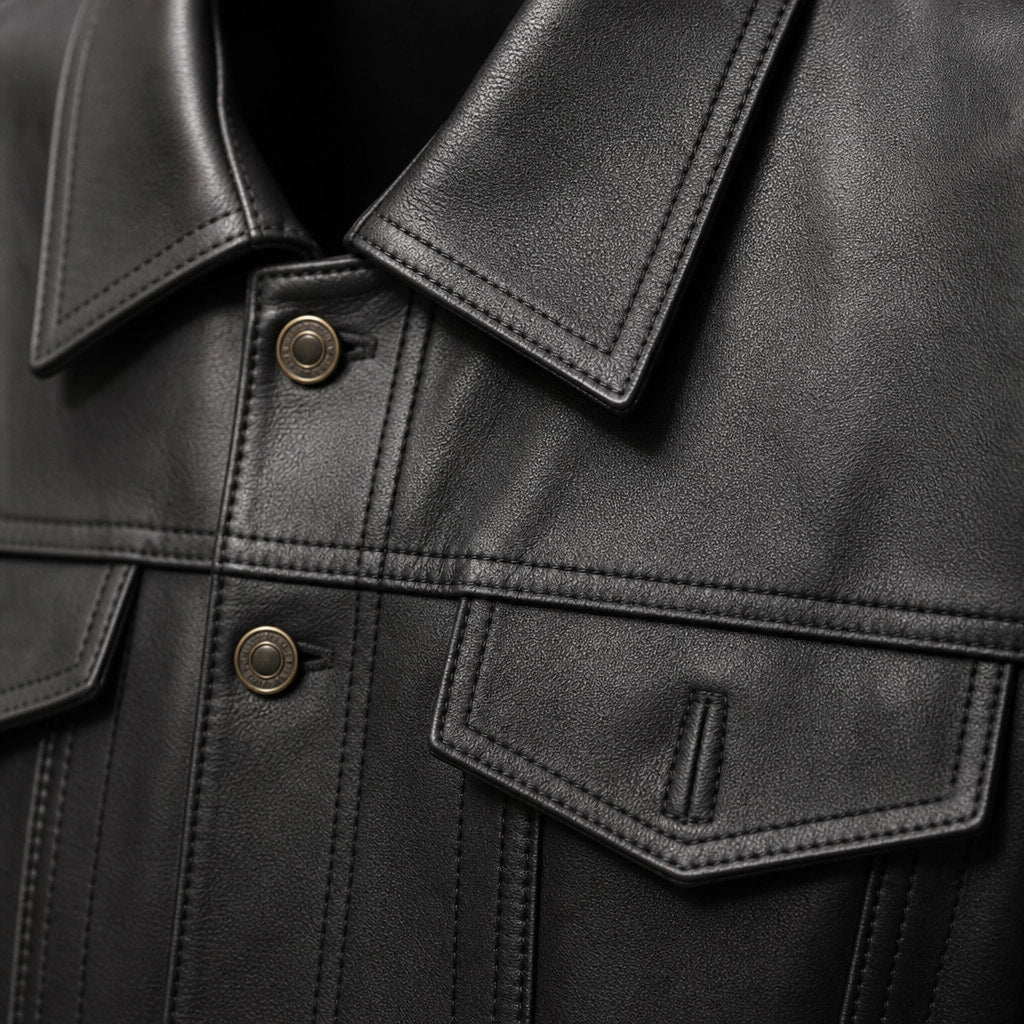 Prime Black Leather Trucker Jacket For Men Black – Fabric and Detail Close-Up