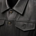 Prime Black Leather Trucker Jacket For Men Black – Fabric and Detail Close-Up