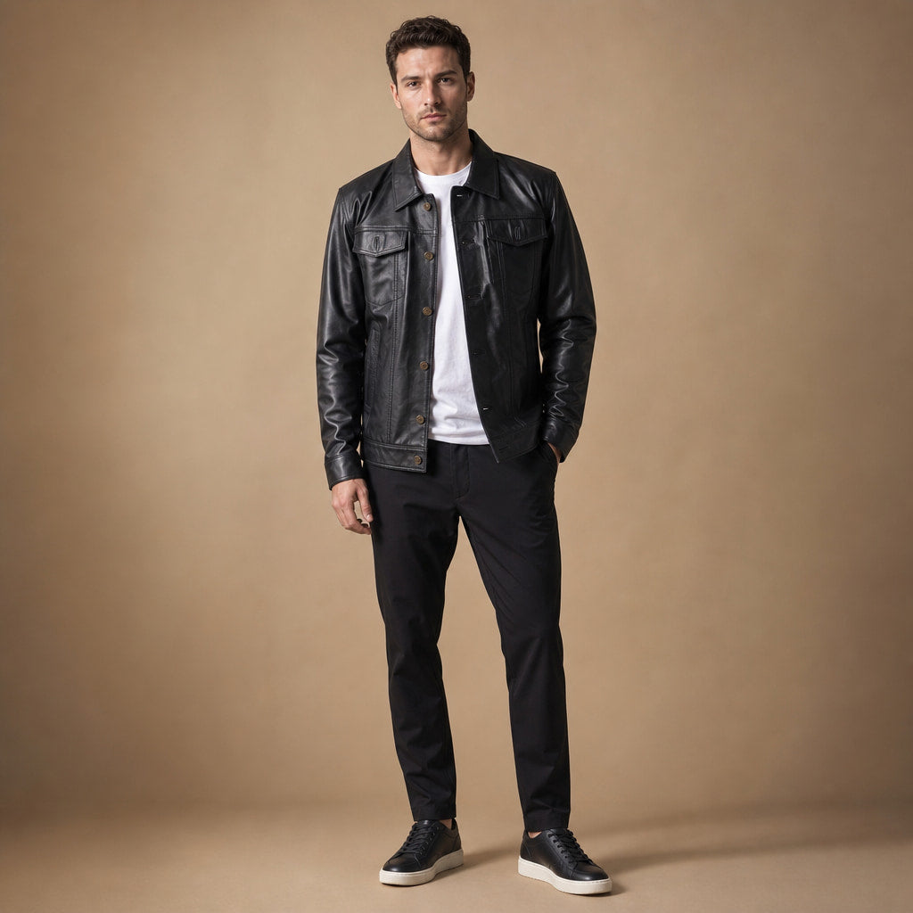 Prime Black Leather Trucker Jacket For Men Black – Full Look