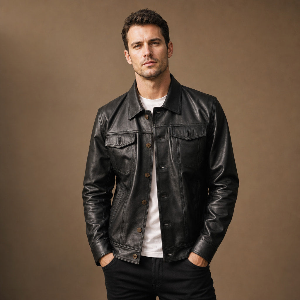 Prime Black Leather Trucker Jacket For Men Black – Product Photo