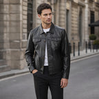 Prime Black Leather Trucker Jacket For Men Black – Styled Editorial Shot