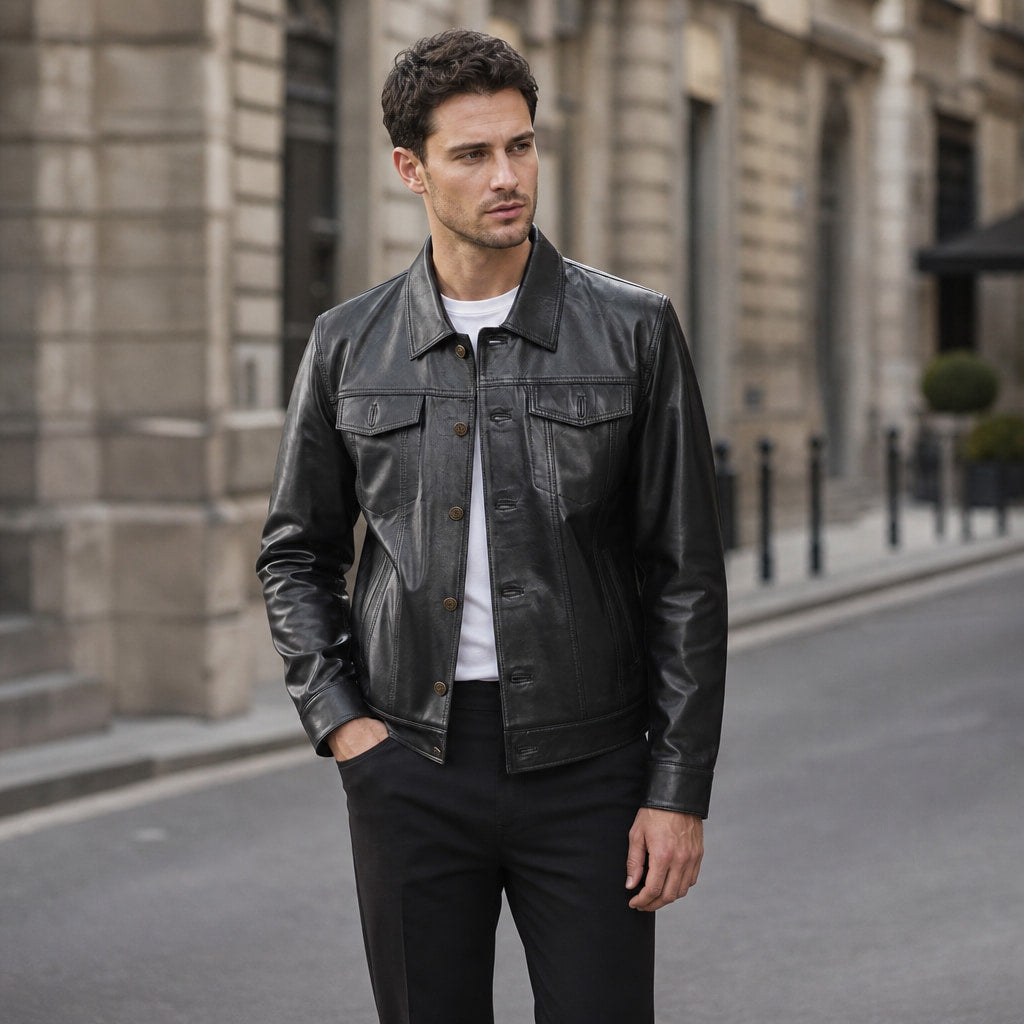 Prime Black Leather Trucker Jacket For Men Black – Styled Editorial Shot