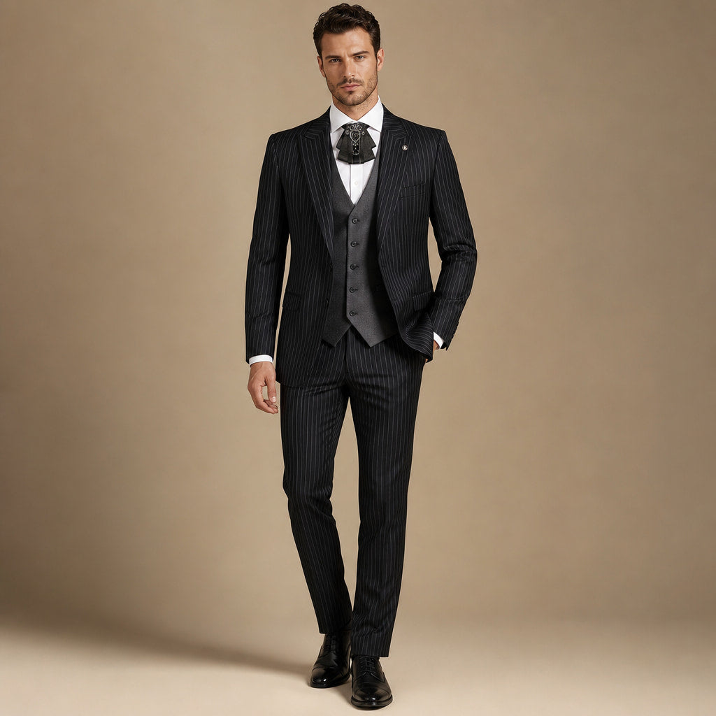 Three Piece Suit With Waistcoat Black in Black – Tarlano Premium Menswear