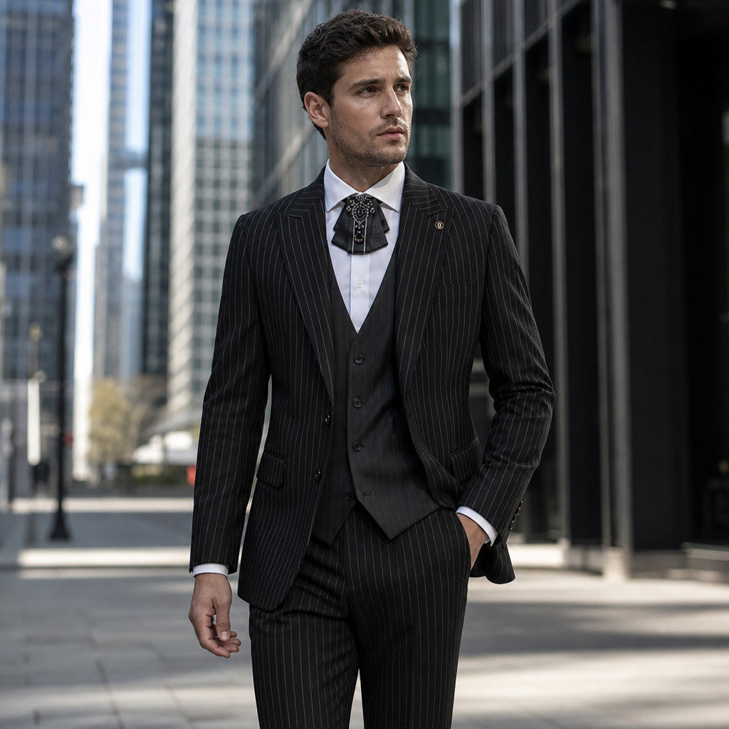 Three Piece Suit With Waistcoat Black Black – Styled Editorial Shot