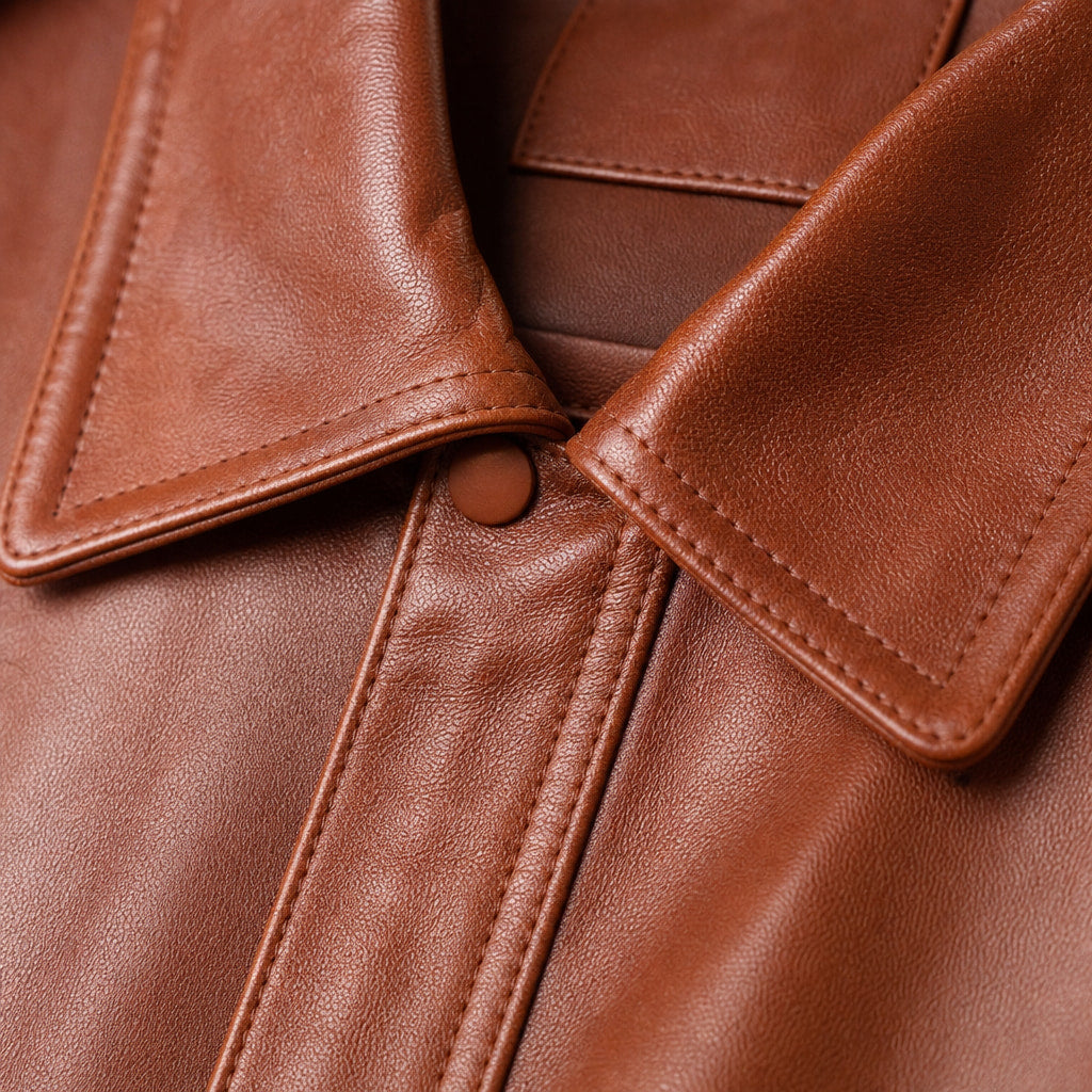 Rebelious Reddish Brown Sheepskin Leather Biker Jacket For Men Brown – Fabric and Detail Close-Up