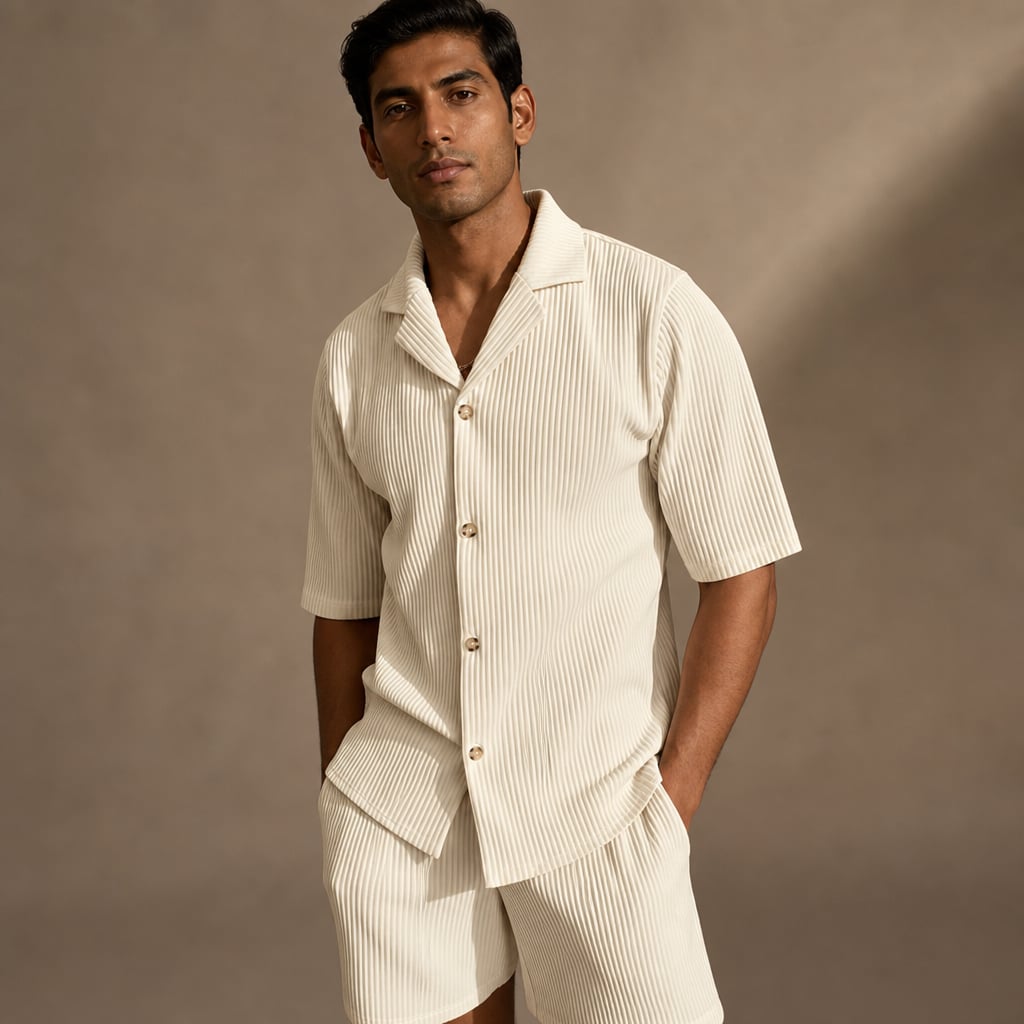 Ribbed Button Front Shirt & Shorts Matching Set in Beige Beige – Side Angle View