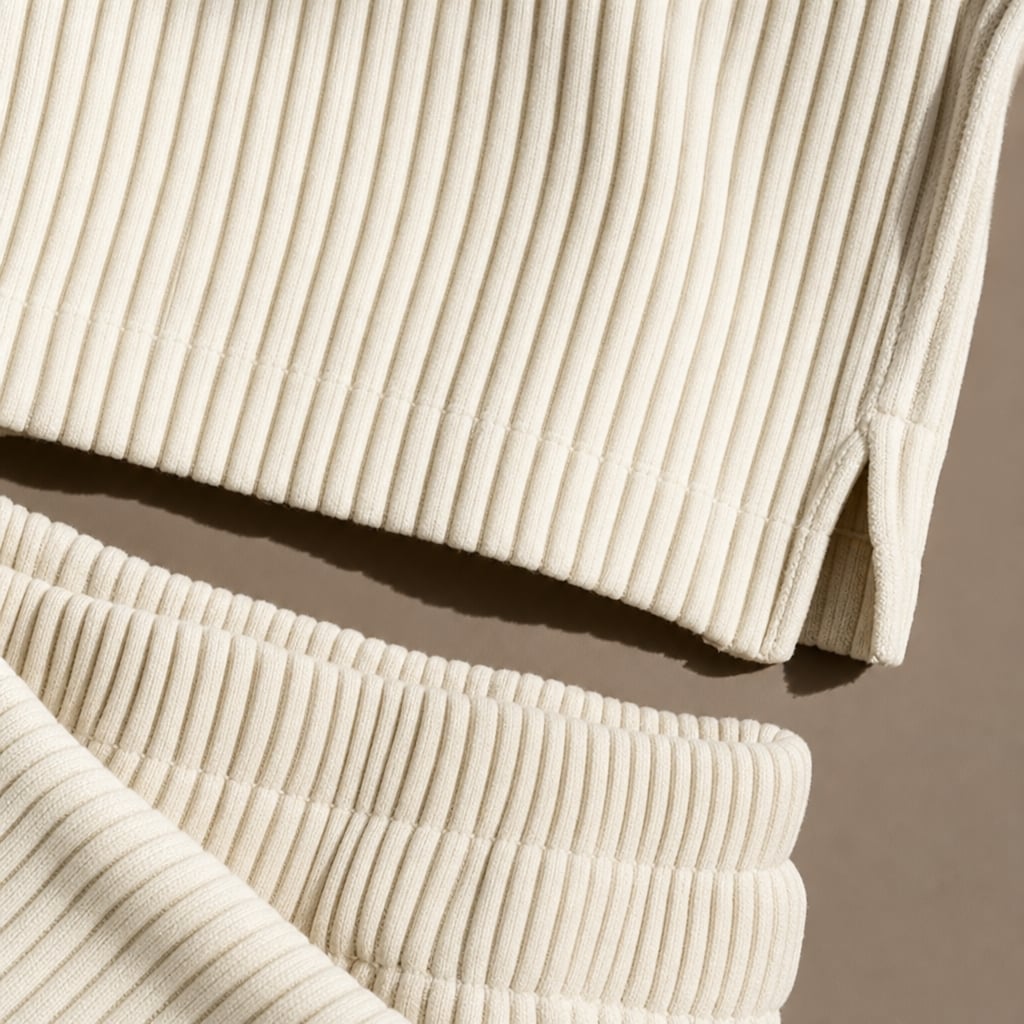 Ribbed Button Front Shirt & Shorts Matching Set in Beige Beige – Fabric and Detail Close-Up