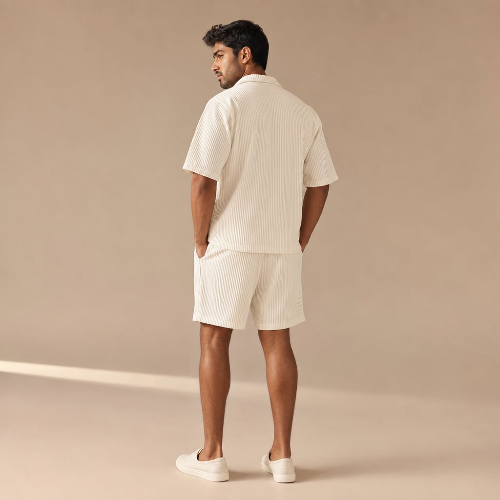 Ribbed Button Front Shirt & Shorts Matching Set in Beige Beige – Full Look