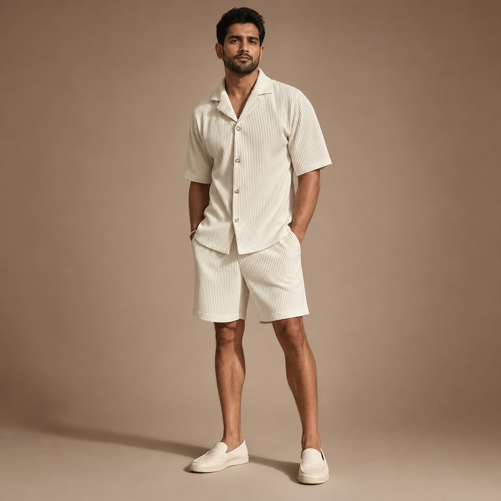 Ribbed Button Front Shirt & Shorts Matching Set in Beige Beige – Product Photo