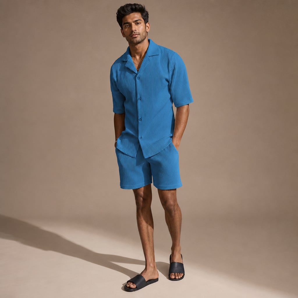 Ribbed Button Front Shirt & Shorts Matching Set in Beige Blue – Product Photo
