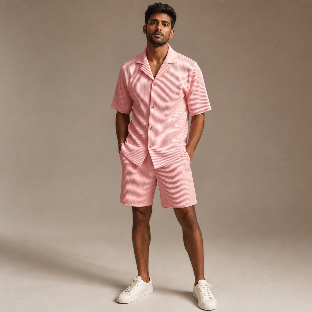 Ribbed Button Front Shirt & Shorts Matching Set in Beige Pink – Product Photo