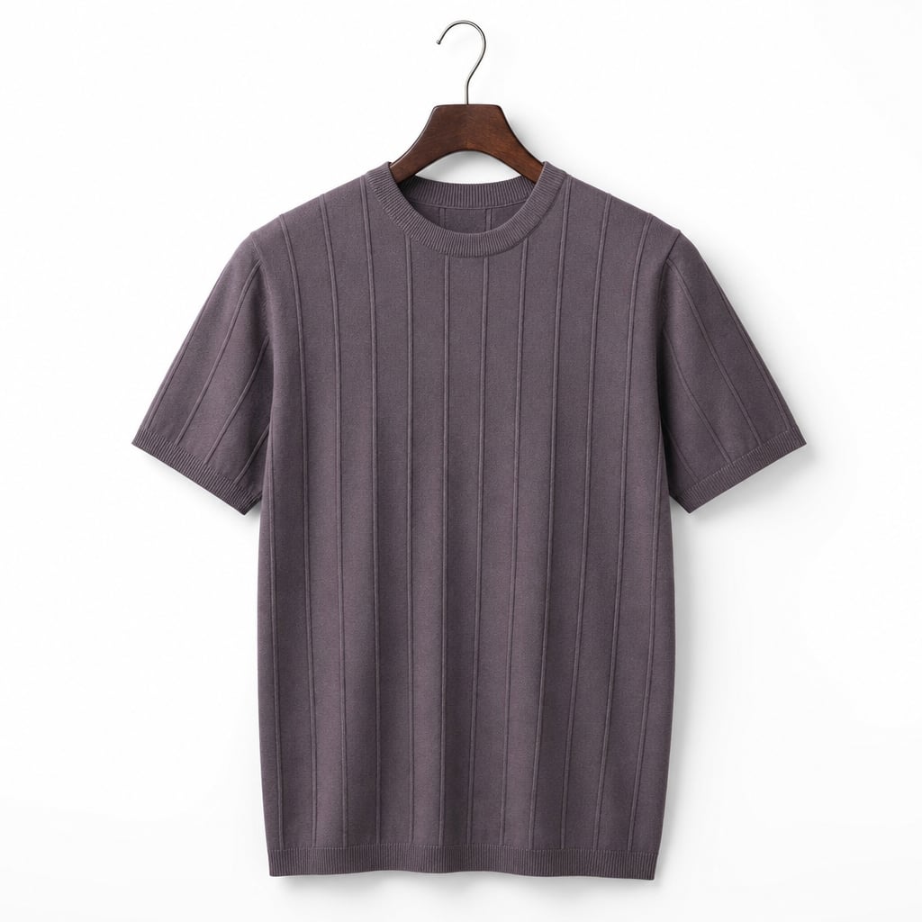 Ribbed Crew Neck Tee Slim Fit Vertical Knit Mauve – Product Photo
