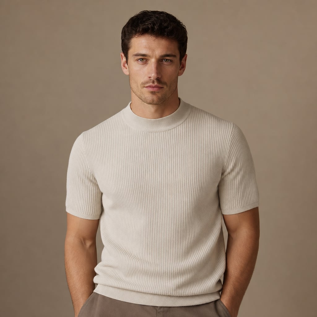 Ribbed Knit Mock Neck Tee Viscose Blend Regular Fit in Beige – Tarlano Premium Menswear