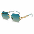Rimless Polygon Sunglasses Alloy Frame Leopard Temple Detail Green – Product Photo