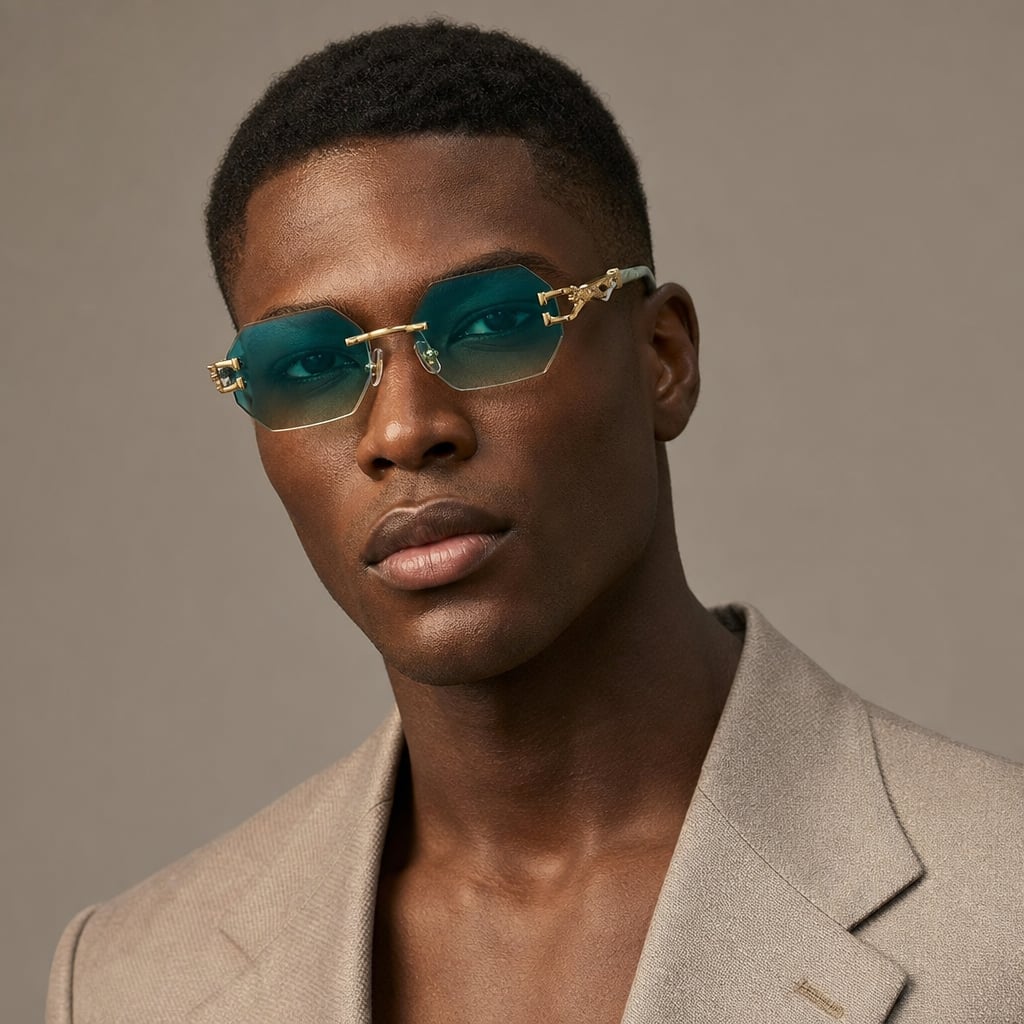 Rimless Polygon Sunglasses Alloy Frame Leopard Temple Detail in Green – Tarlano Premium Menswear