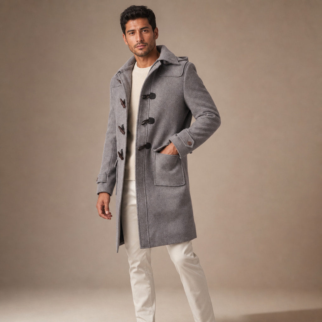 Rizzed Gray Wool Hooded Duffle Coat For Men Gray – Side Angle View