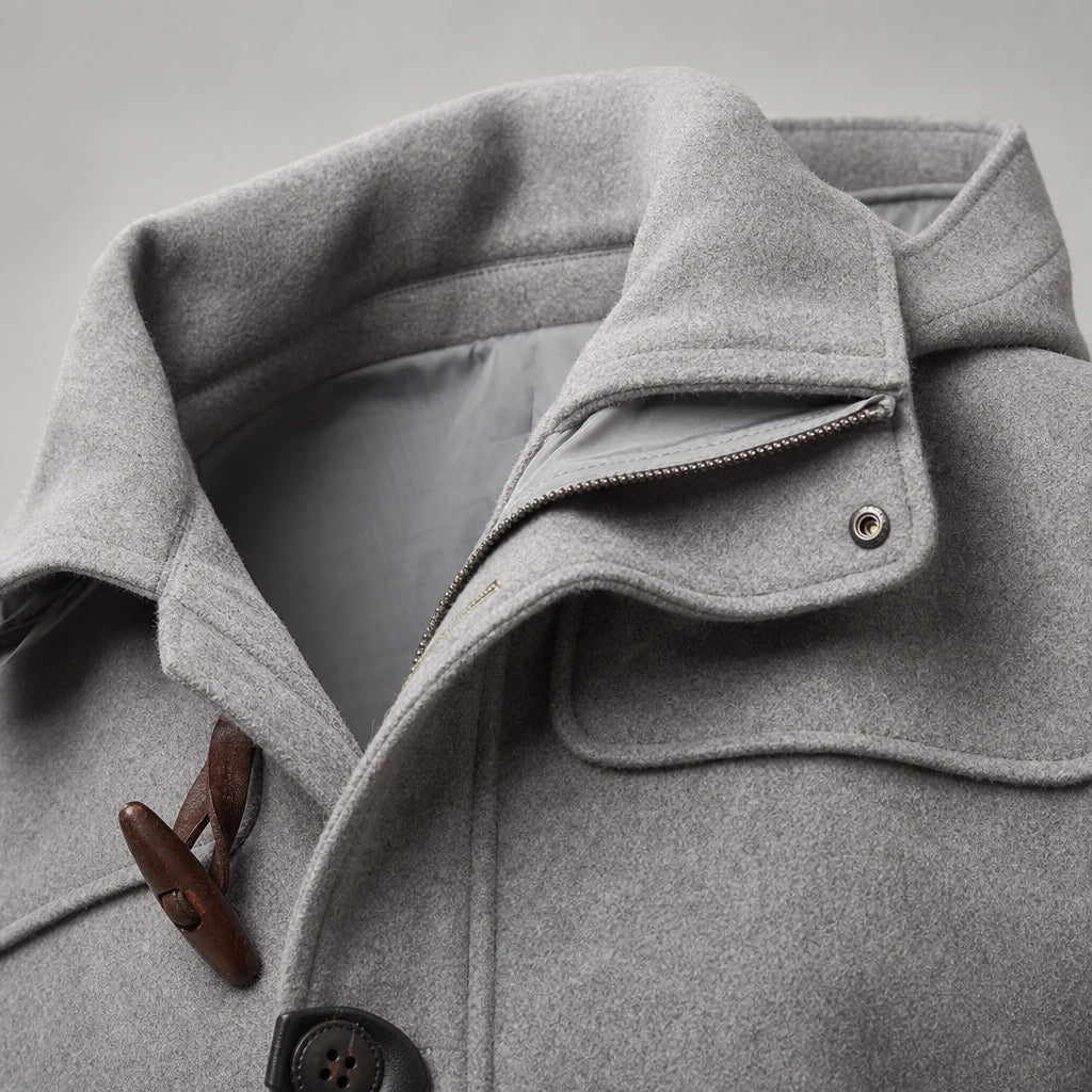 Rizzed Gray Wool Hooded Duffle Coat For Men Gray – Fabric and Detail Close-Up