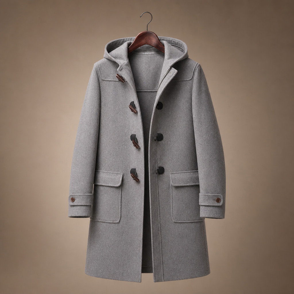 Rizzed Gray Wool Hooded Duffle Coat For Men Gray – Product Photo