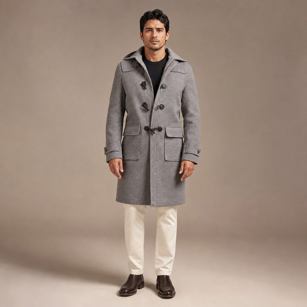 Rizzed Gray Wool Hooded Duffle Coat For Men in Gray – Tarlano Premium Menswear