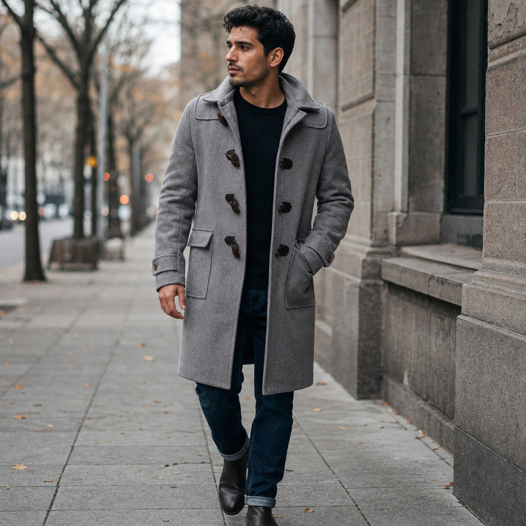 Rizzed Gray Wool Hooded Duffle Coat For Men Gray – Styled Editorial Shot
