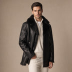 Rizzon Black Leather Fur Pea Coat For Men Black – Side Angle View