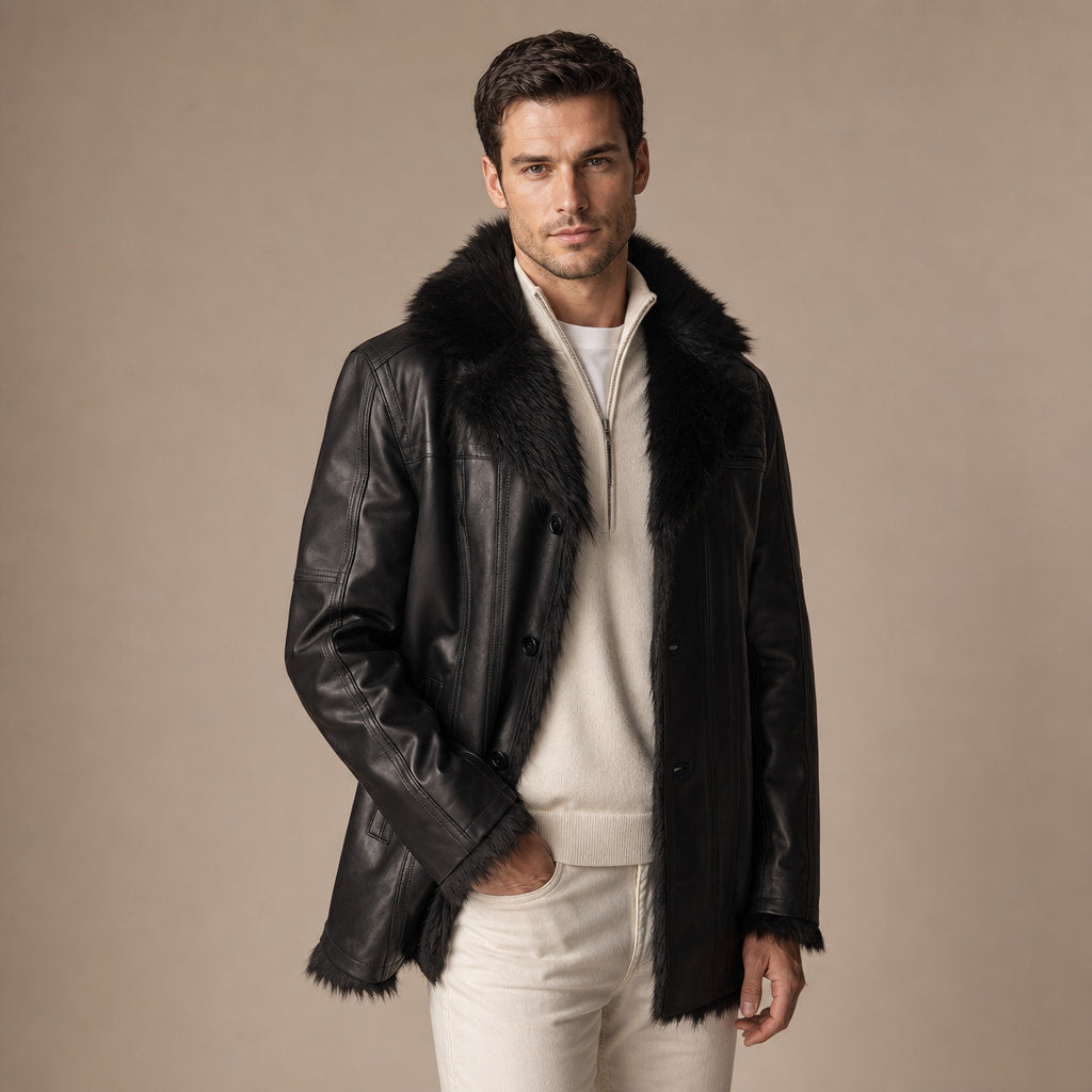 Rizzon Black Leather Fur Pea Coat For Men Black – Side Angle View