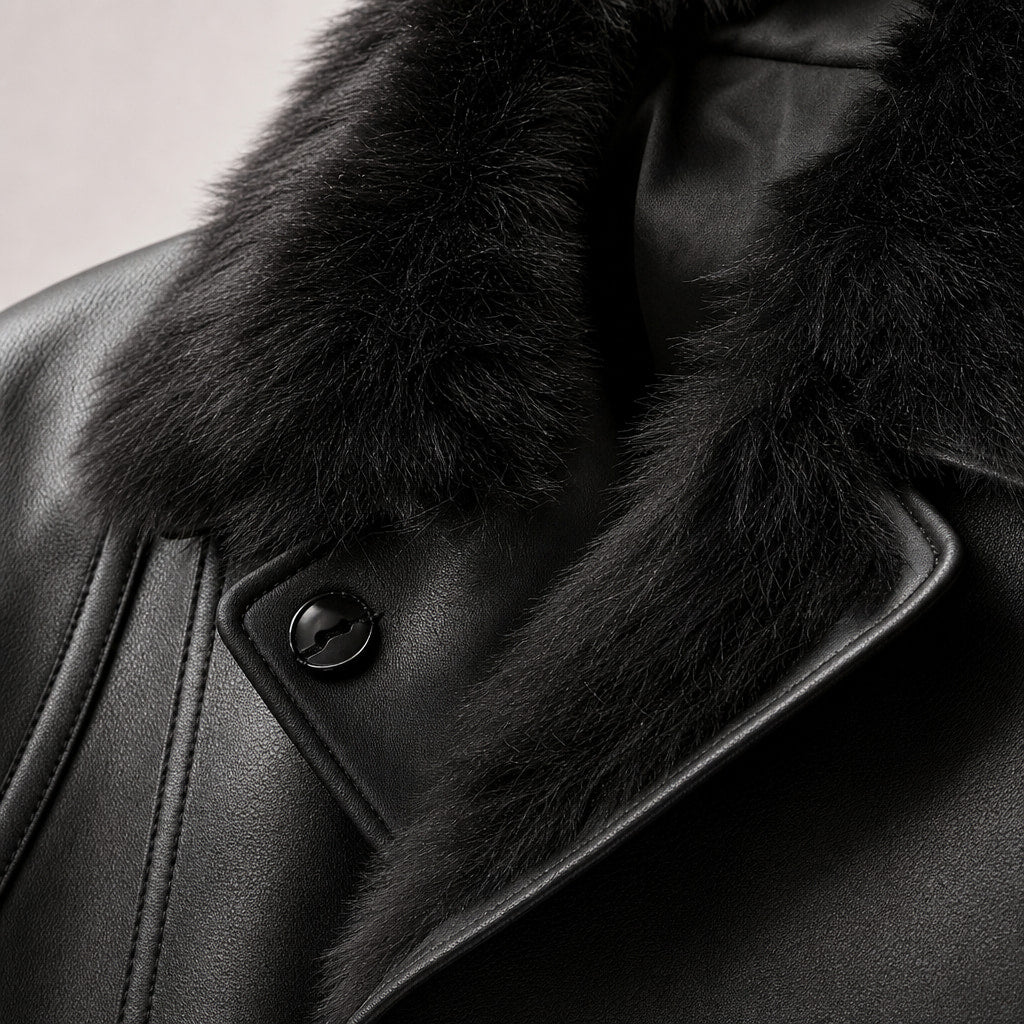 Rizzon Black Leather Fur Pea Coat For Men Black – Fabric and Detail Close-Up