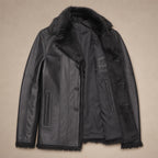 Rizzon Black Leather Fur Pea Coat For Men Black – Flat Lay Product Photo