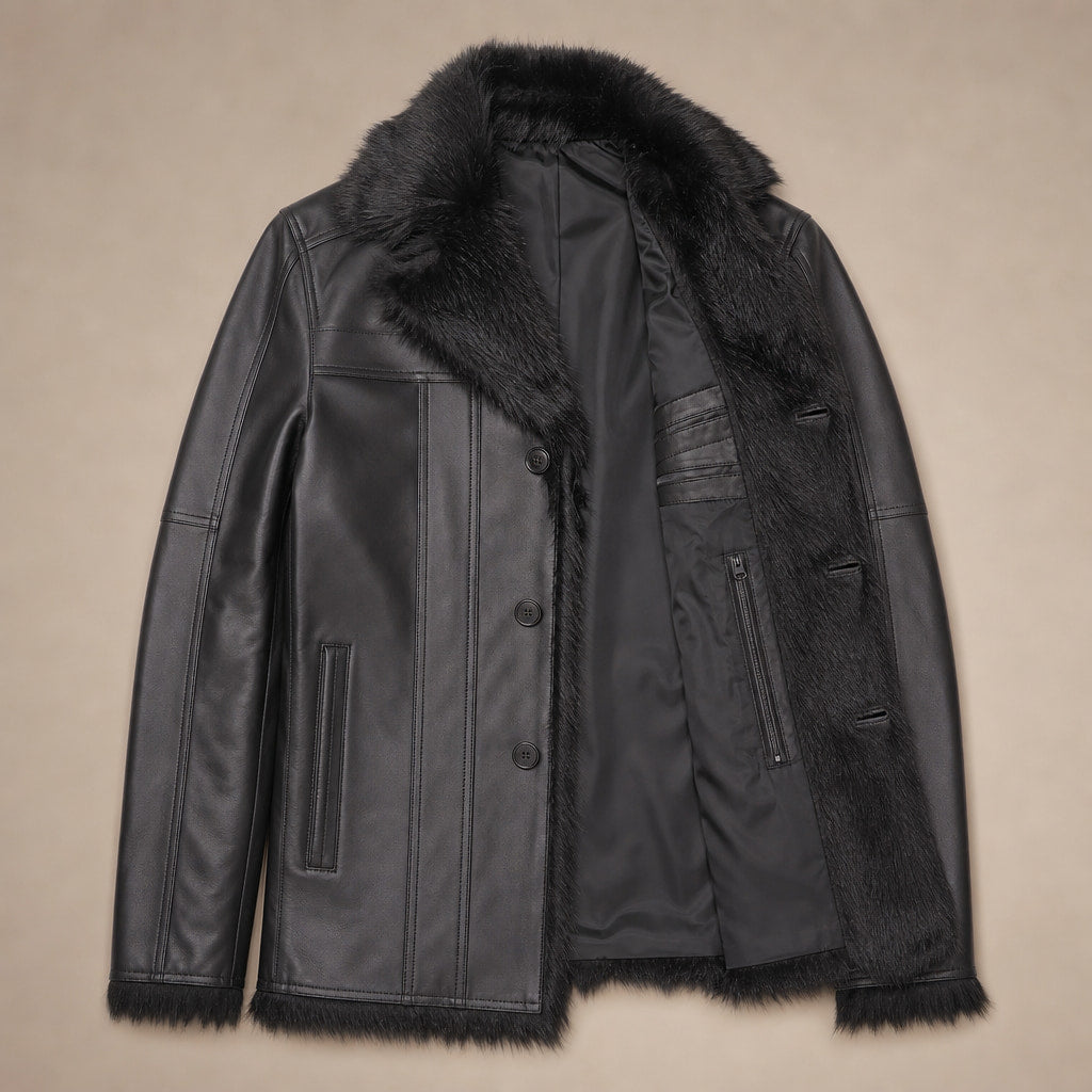 Rizzon Black Leather Fur Pea Coat For Men Black – Flat Lay Product Photo