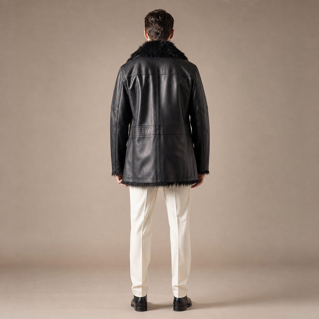 Rizzon Black Leather Fur Pea Coat For Men Black – Full Look