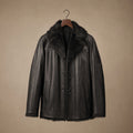 Rizzon Black Leather Fur Pea Coat For Men Black – Product Photo