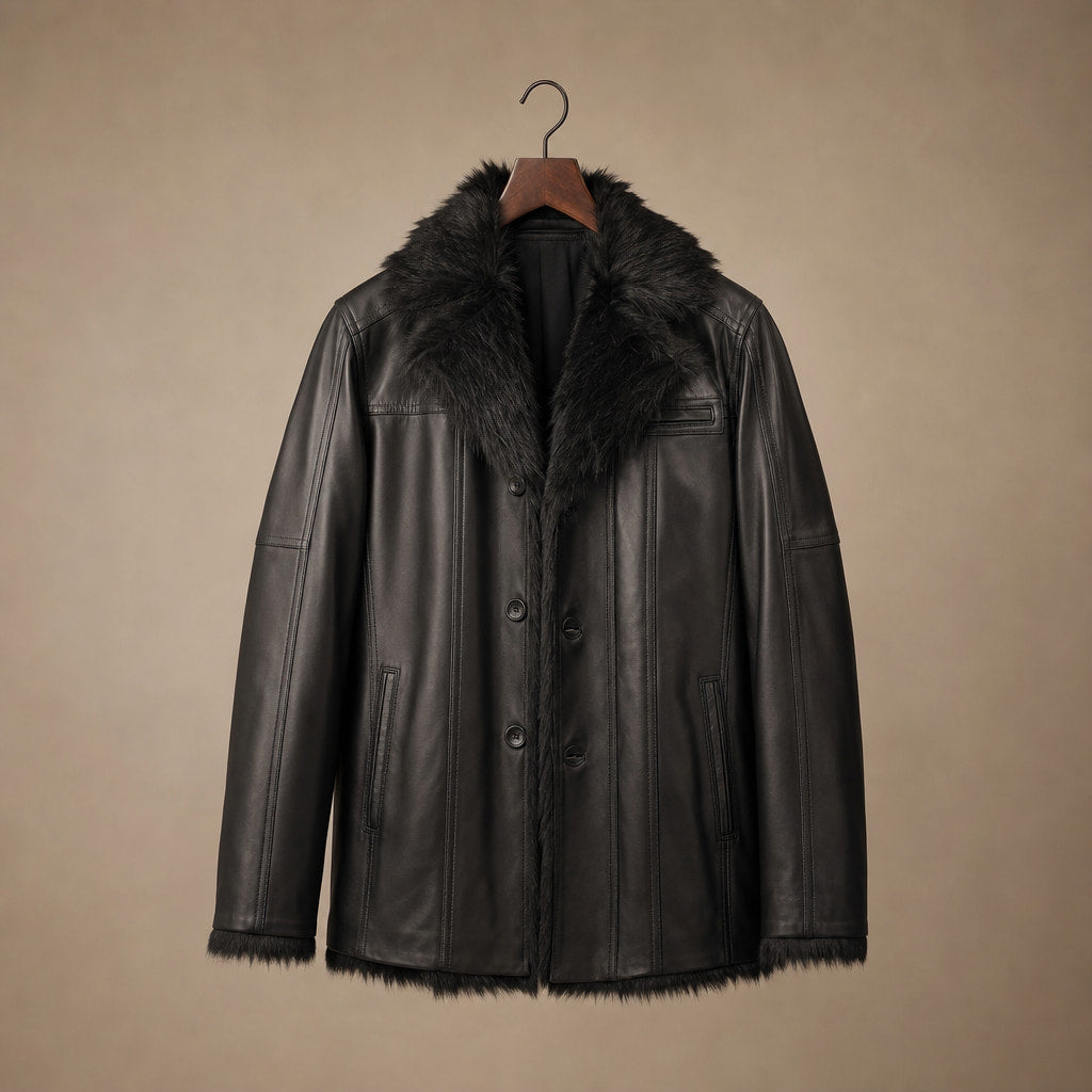 Rizzon Black Leather Fur Pea Coat For Men Black – Product Photo
