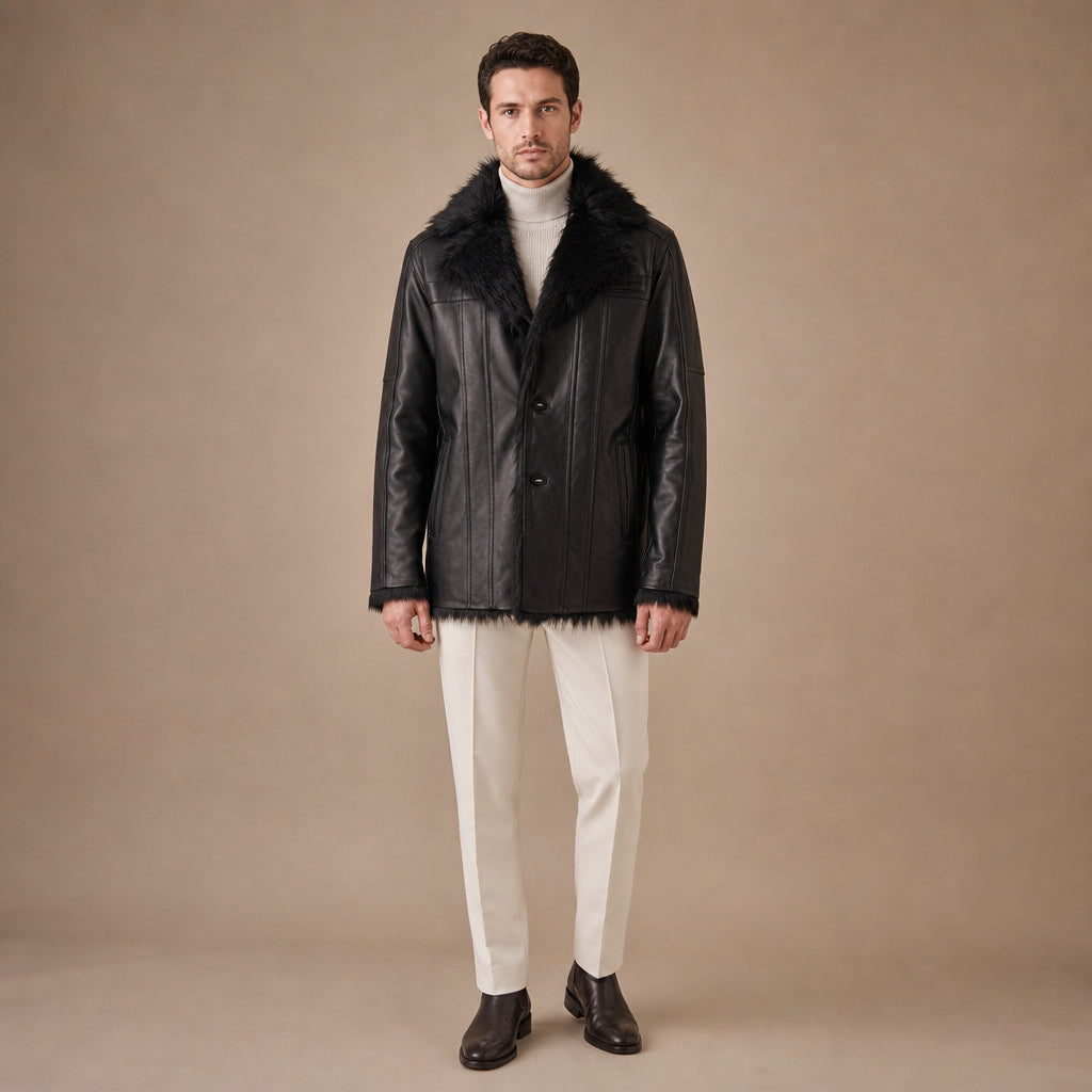 Rizzon Black Leather Fur Pea Coat For Men in Black – Tarlano Premium Menswear