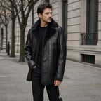 Rizzon Black Leather Fur Pea Coat For Men Black – Styled Editorial Shot