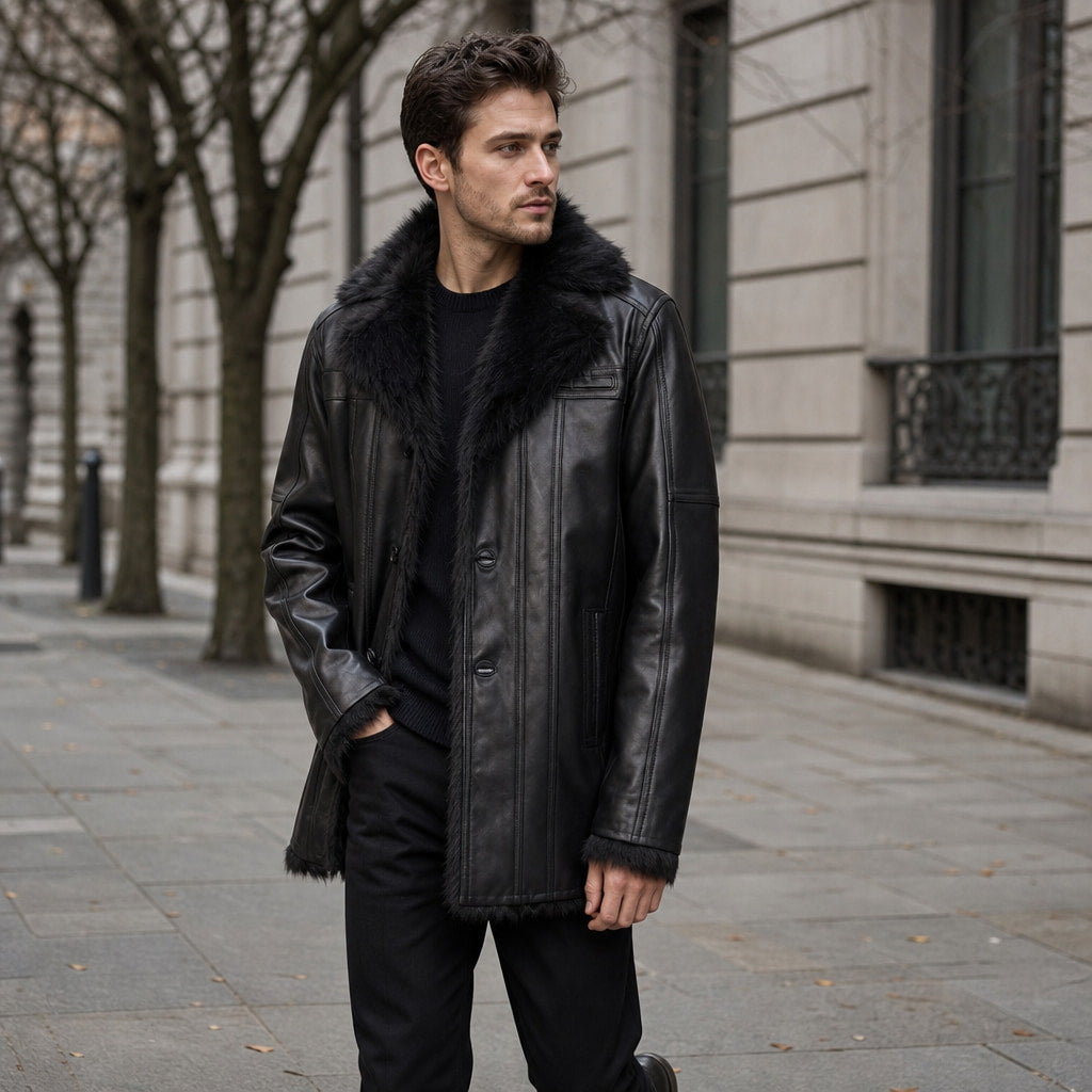 Rizzon Black Leather Fur Pea Coat For Men Black – Styled Editorial Shot