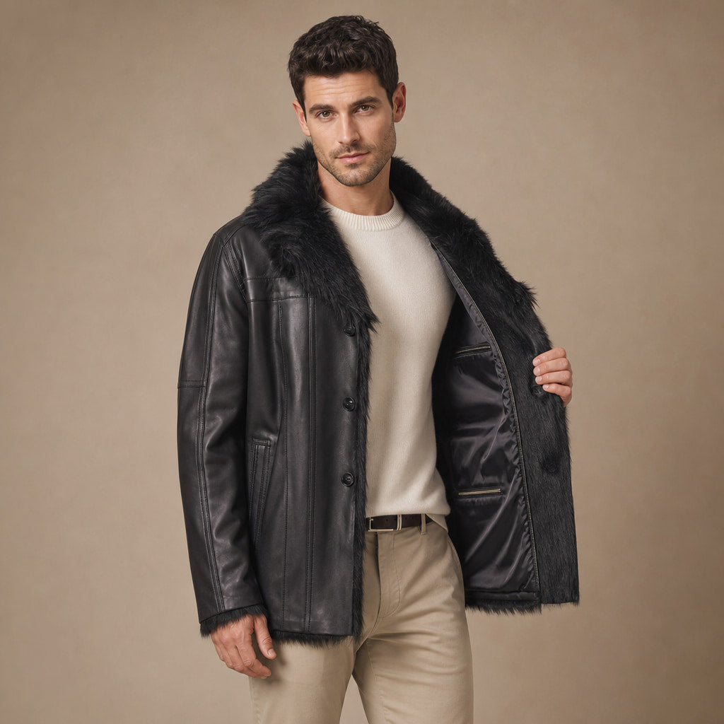 Rizzon Black Leather Fur Pea Coat For Men Black – Interior Lining Detail