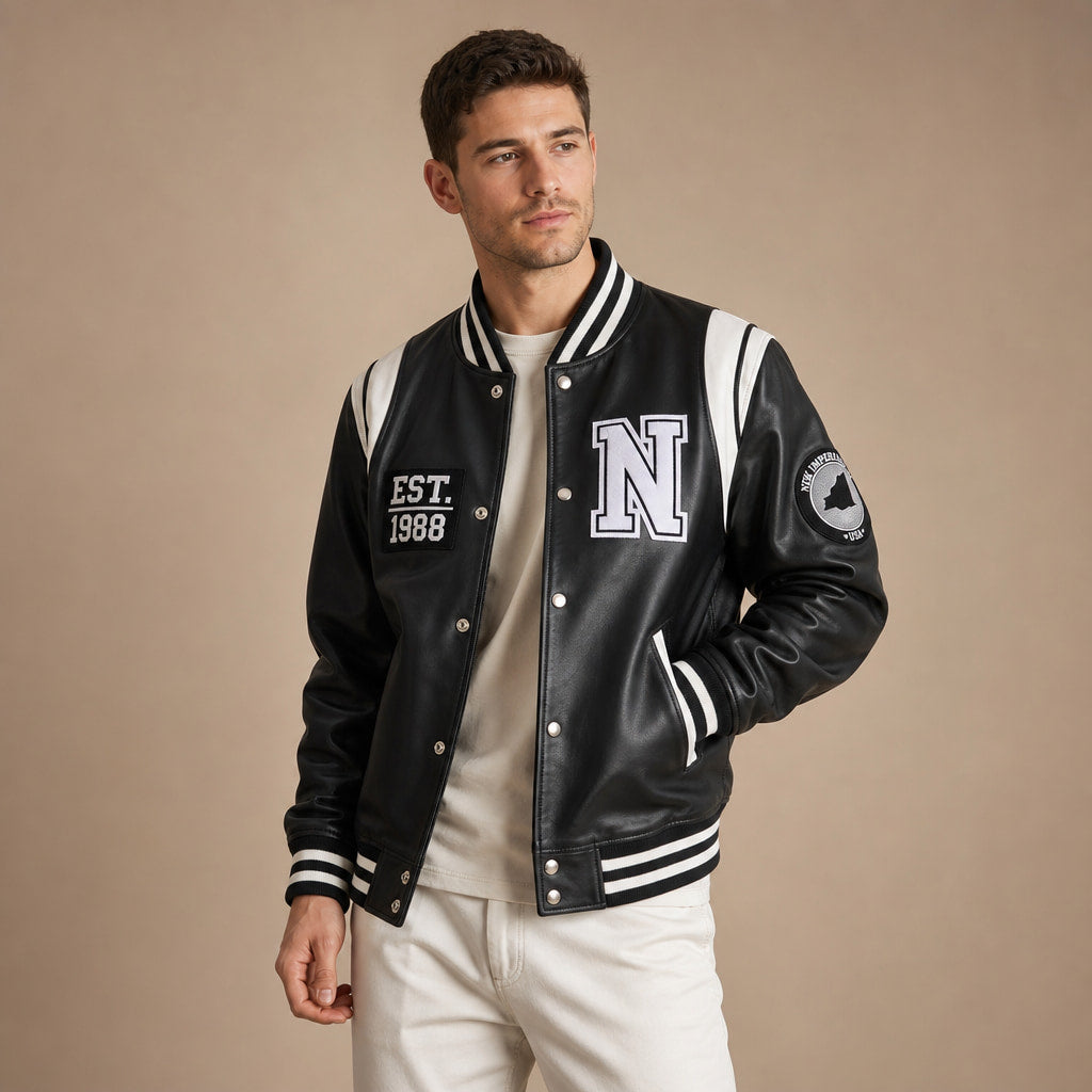 Roadrunner Black and White Varsity Leather Jacket For Men Black – Side Angle View