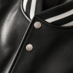 Roadrunner Black and White Varsity Leather Jacket For Men Black – Fabric and Detail Close-Up