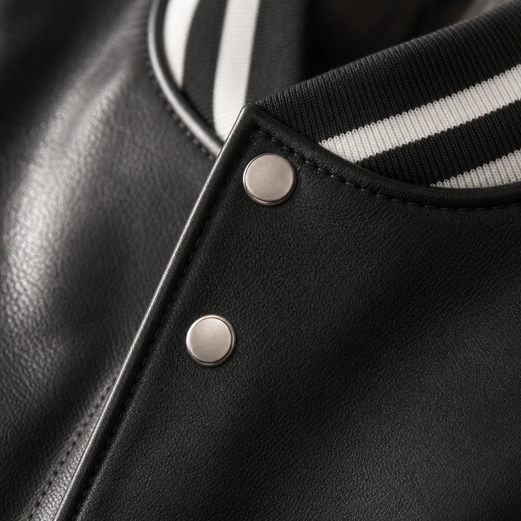 Roadrunner Black and White Varsity Leather Jacket For Men Black – Fabric and Detail Close-Up