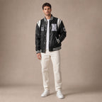 Roadrunner Black and White Varsity Leather Jacket For Men Black – Full Look