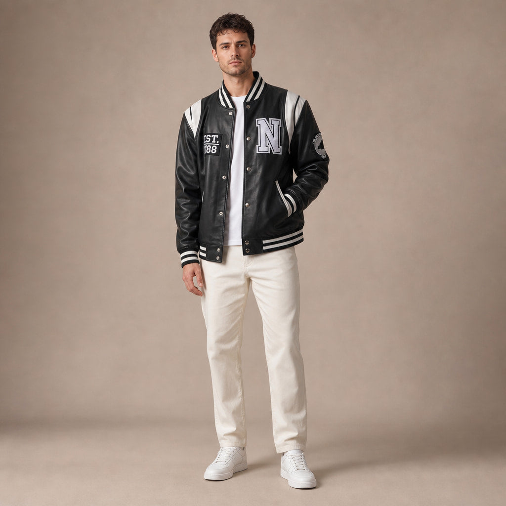 Roadrunner Black and White Varsity Leather Jacket For Men Black – Full Look
