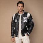 Roadrunner Black and White Varsity Leather Jacket For Men Black – Product Photo