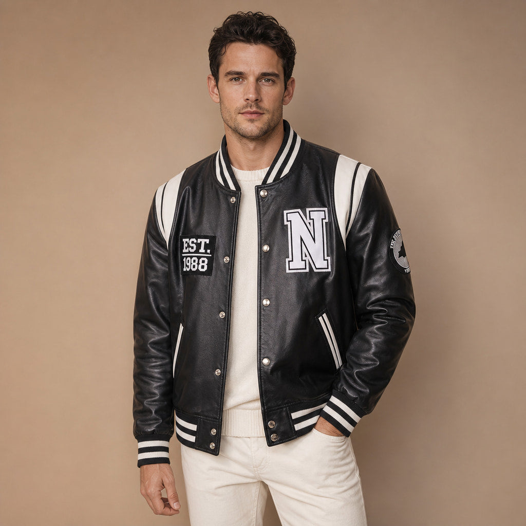 Roadrunner Black and White Varsity Leather Jacket For Men Black – Product Photo